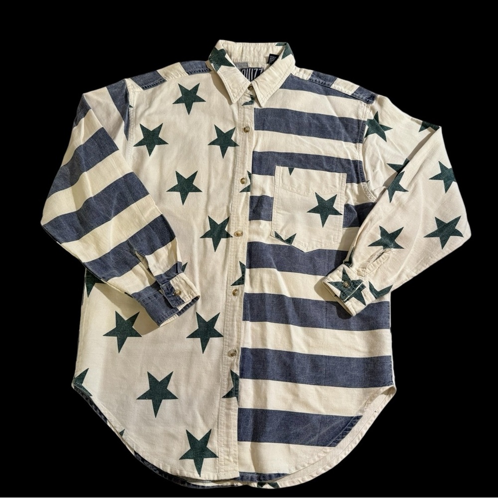 VTG 80s Quizz Stars American USA Flag Shirt 4th July  Long Sleeves button Up M